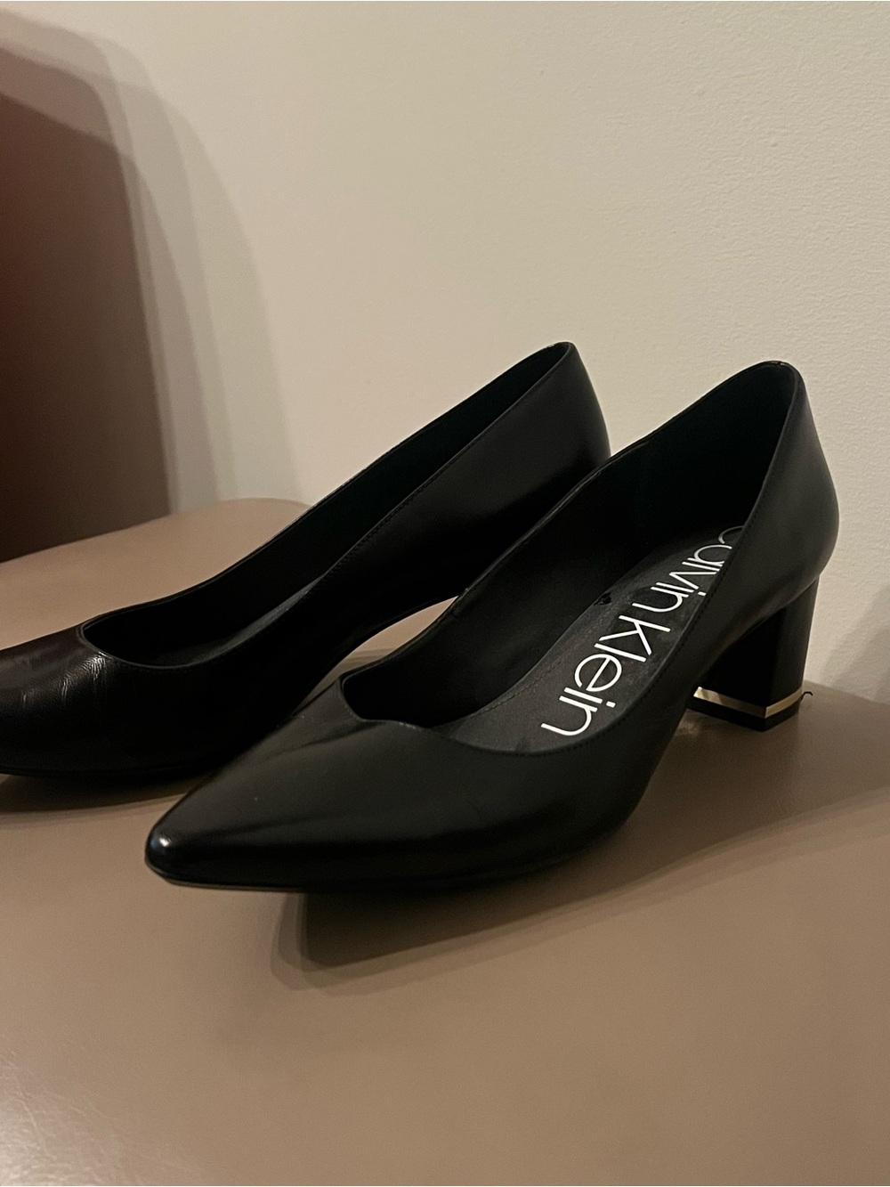 Calvin Klein Black Pointed Toe Mid Block Heel Pumps with Gold Accent